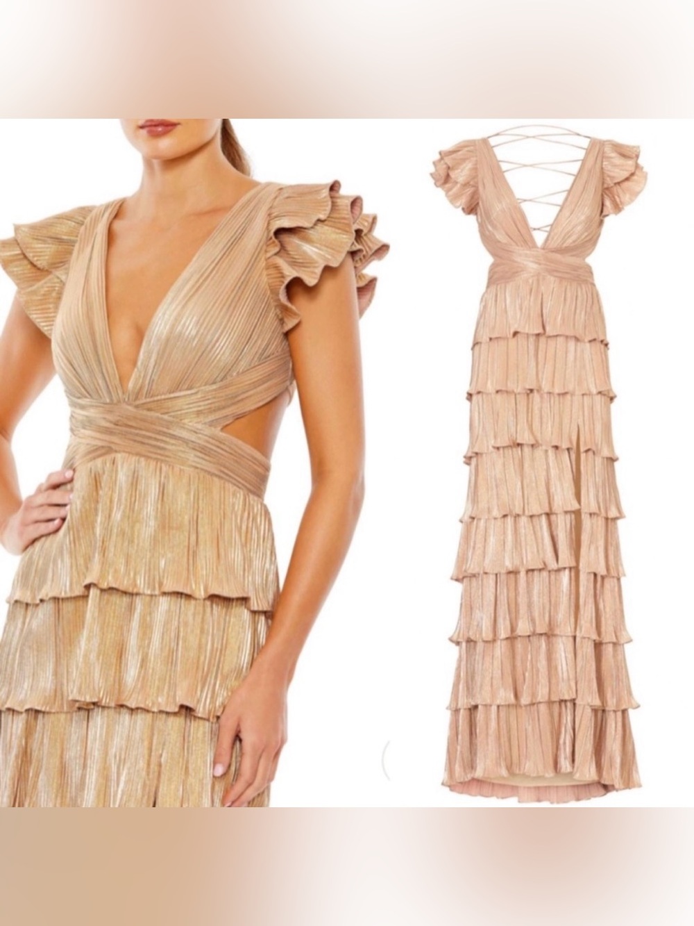 Mac Duggal Gold Tiered Ruffle Lace-Back Evening Gown - Picture 3 of 11
